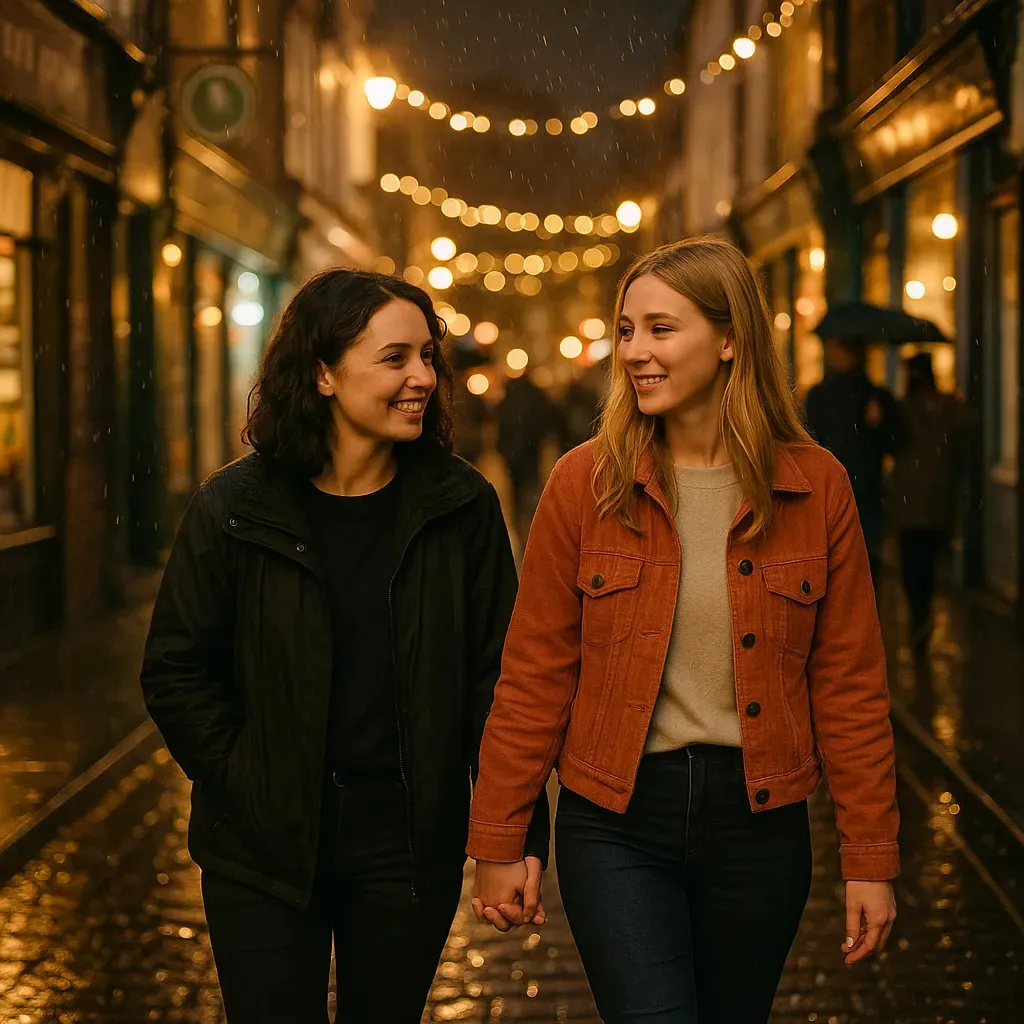 two women walk through the street holding hands