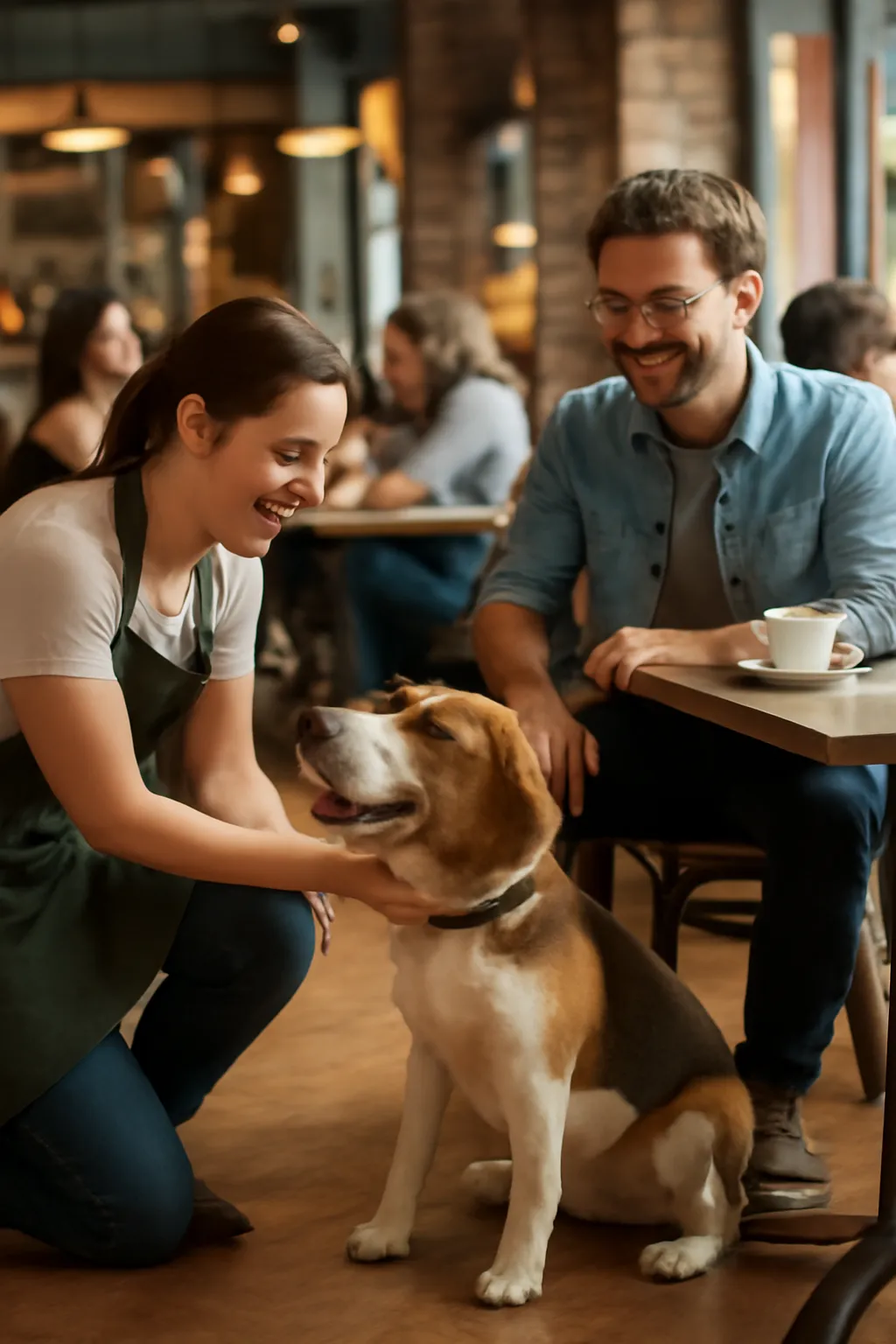 A waitress strokes a dog in a cafe as the owner watches and smiles