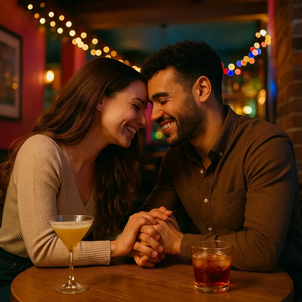 a romantic couple embrace each other in a pub