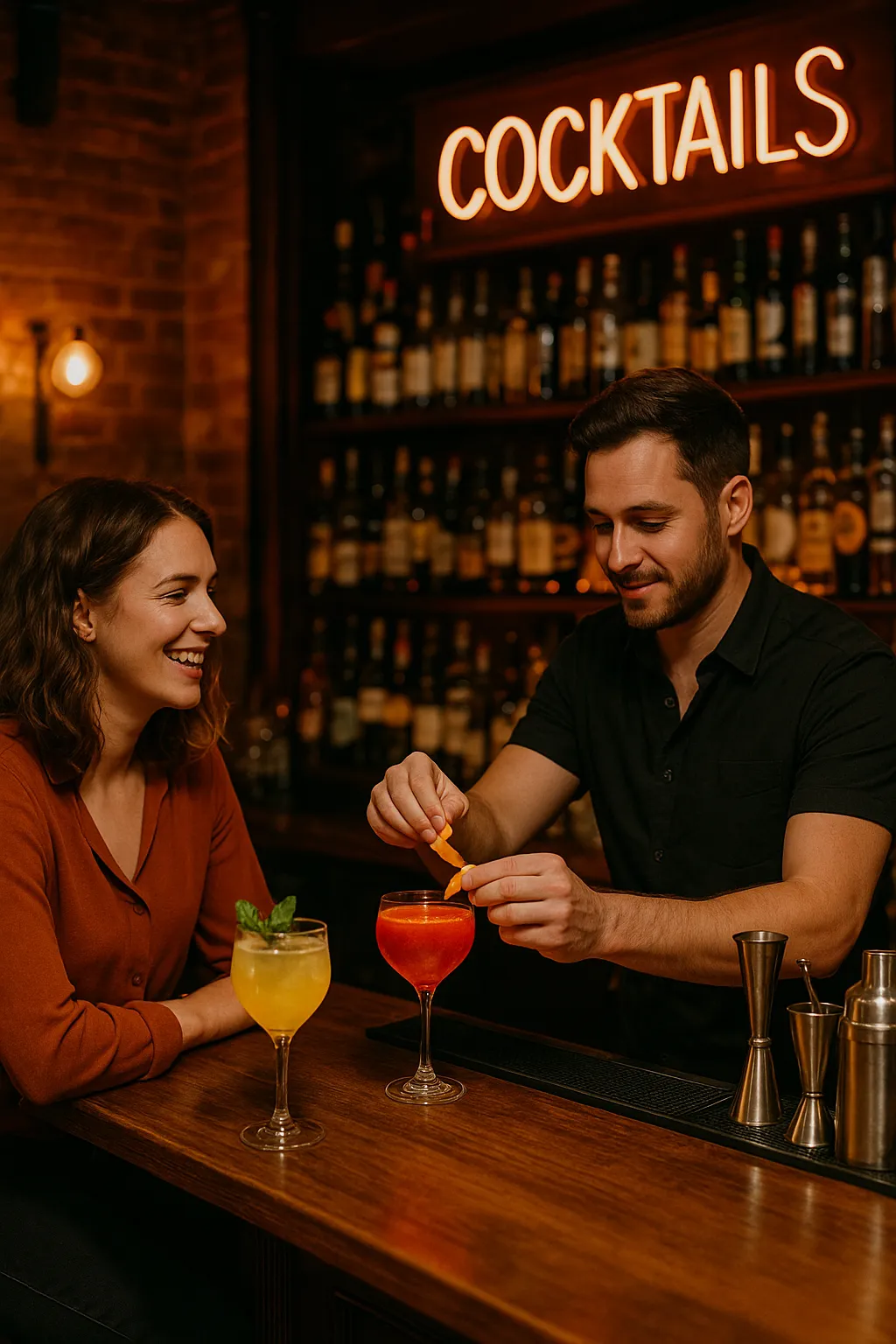 A bartender serves a woman a fancy cocktail in a bar