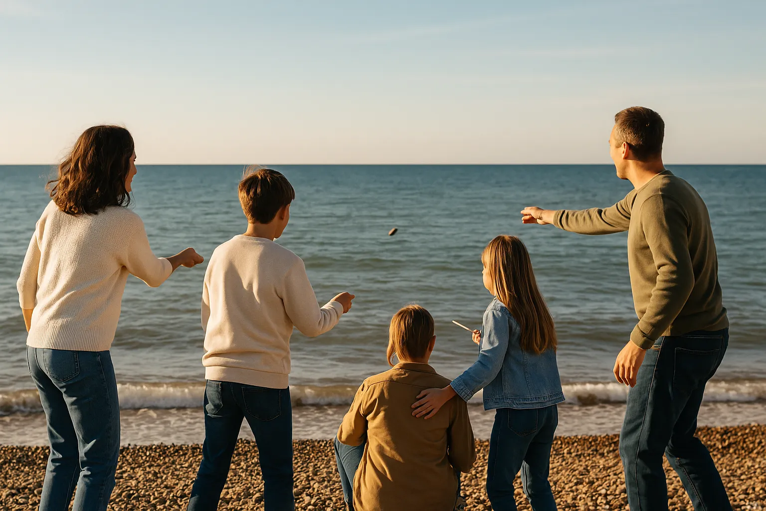 A family find free things to do in Brighton by skimming stones on a pebbled beach.