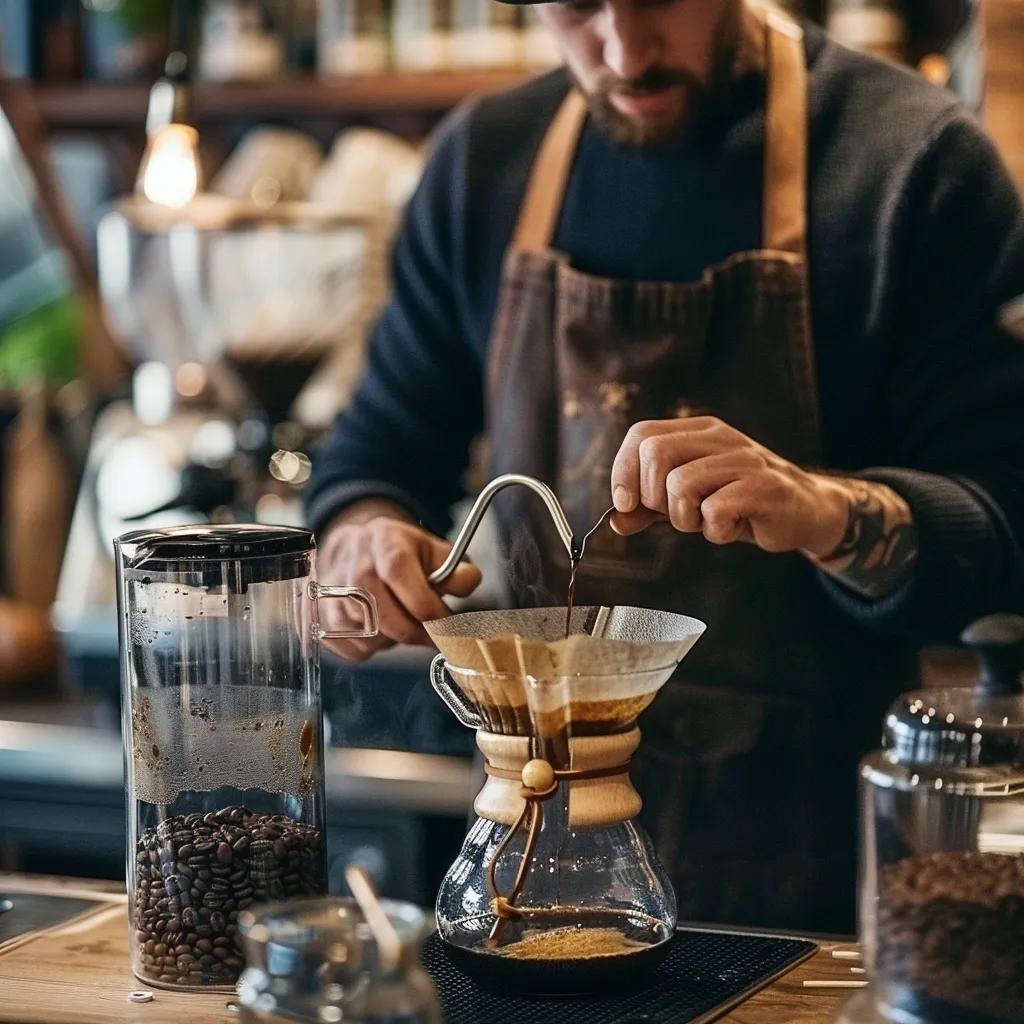 A skilled barista meticulously preparing a pour-over coffee in a stylish specialty cafe, embodying Brighton's coffee culture