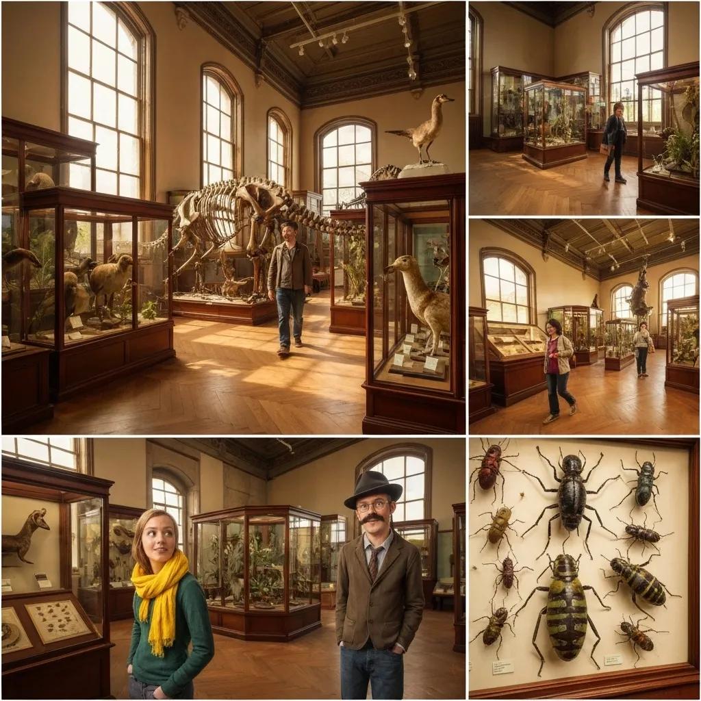 Inside the Booth Museum of Natural History, showing Victorian taxidermy and fossils with visitors looking around
