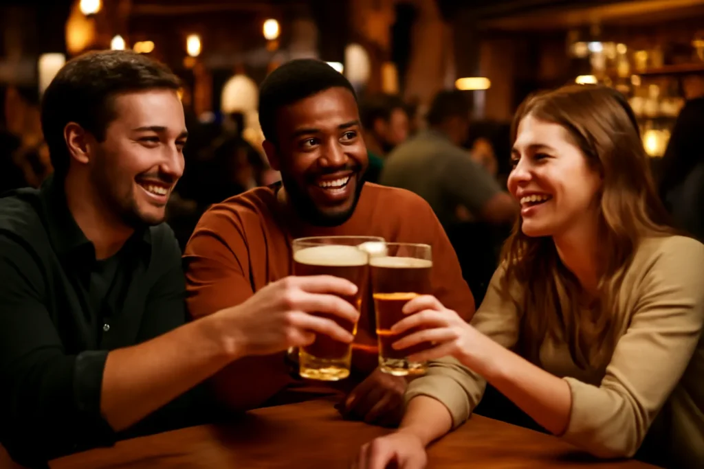 three friends raise a glass of beer in one of the best bars in brighton