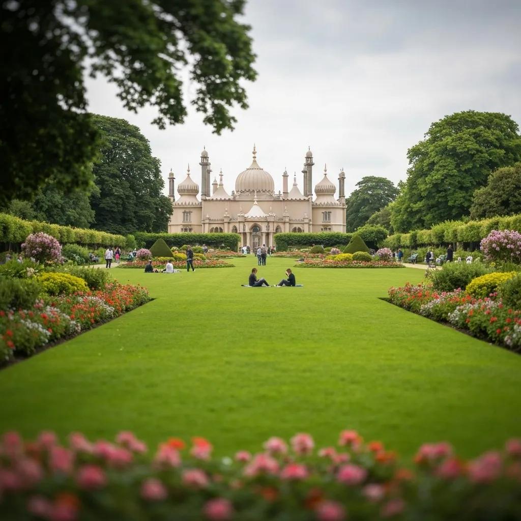 The beautiful Royal Pavilion Gardens, showcasing lush green lawns and colourful flowerbeds with the iconic Royal Pavilion in the background