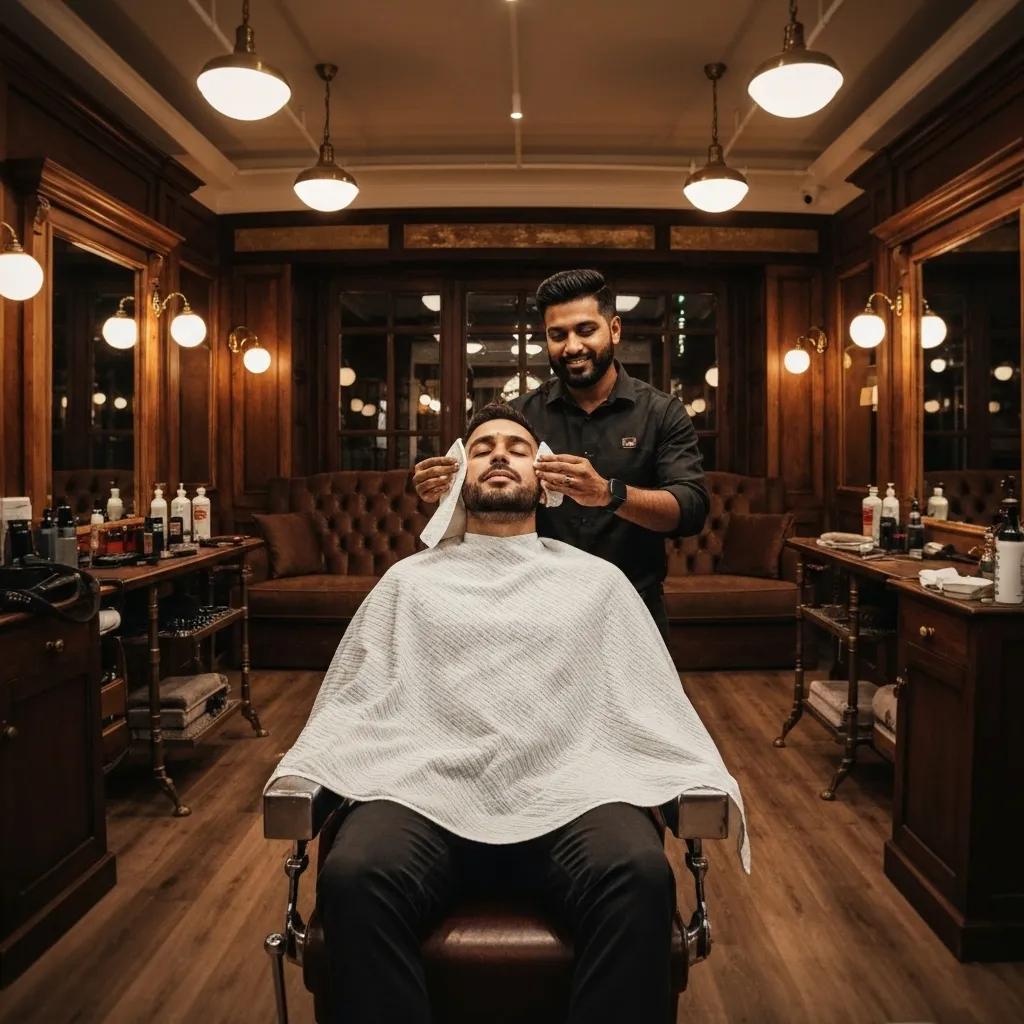 A client relaxing during a hot towel shave in a high-end barbershop, highlighting a luxurious and pampering grooming experience.