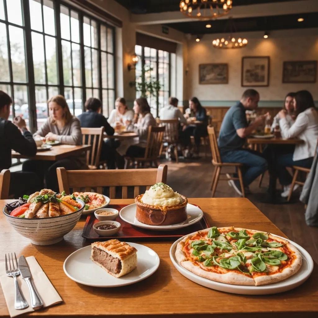 A charming cafe table set with a variety of affordable lunch options, including a donburi bowl, a hearty pie, and a slice of pizza