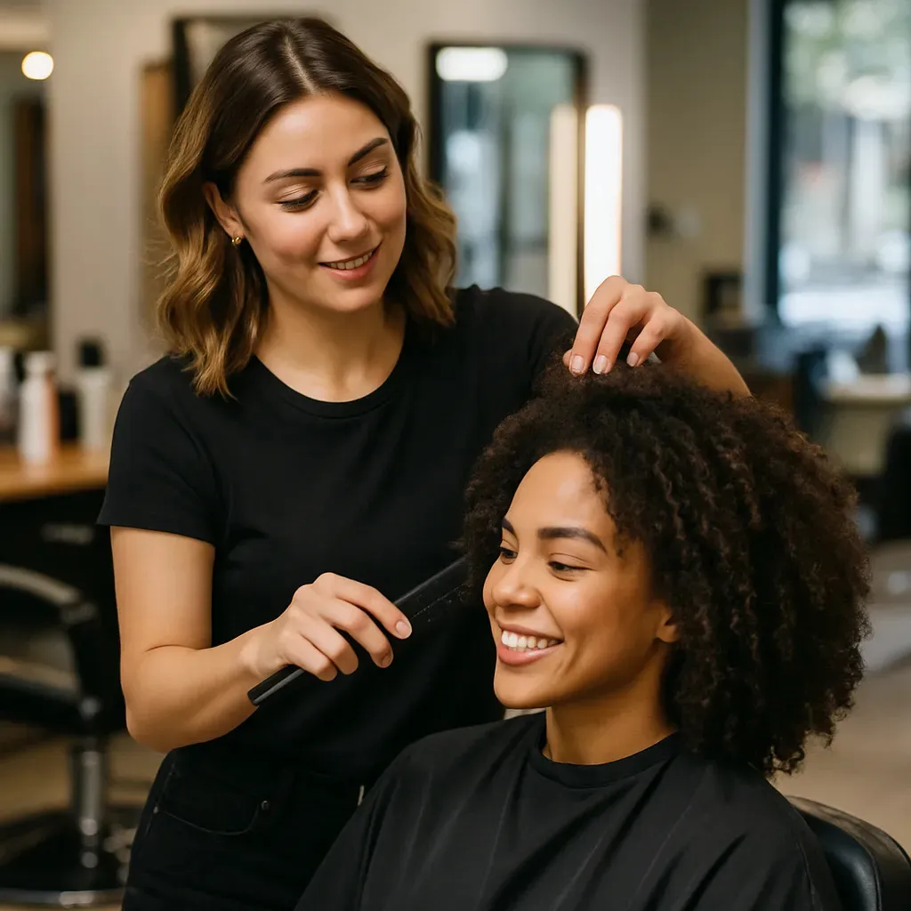 A hairdresser curling a woman's hair