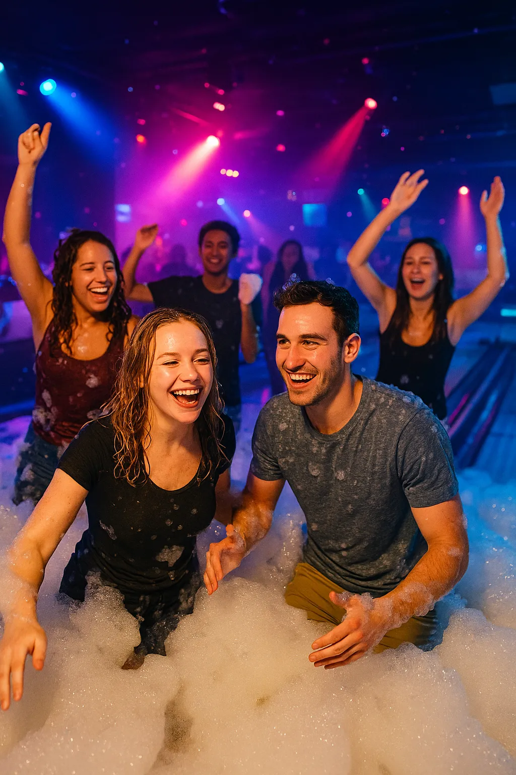 Men and women dance in a nightclub covered in foam at a foam party
