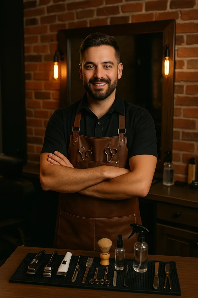A barber poses with all of his equipment on a table