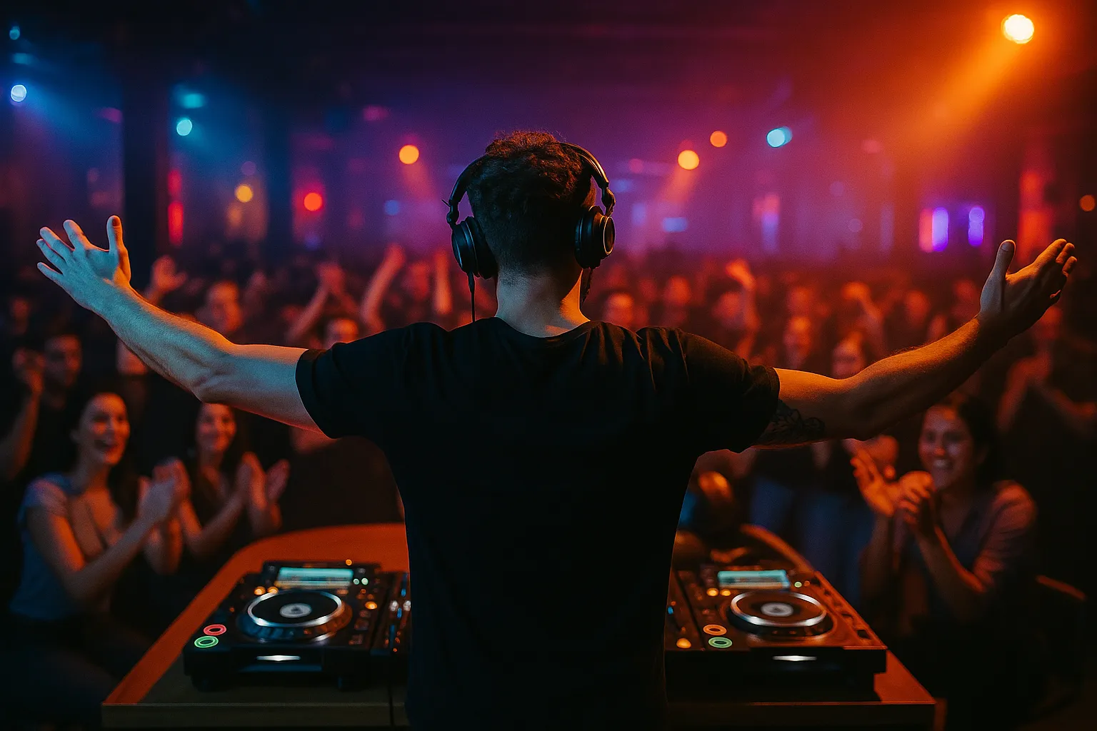 A DJ lifts his arms out wide, embracing the moment in front of a busy nightclub crowed