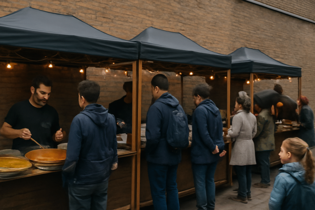 People circle food stalls on a busy street corner