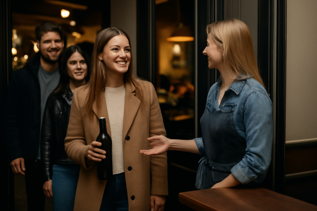ChatGPT Image Aug 27, 2025, 12_55_40 PM a waitress greets a group of people at the door of a BYOB restaurant