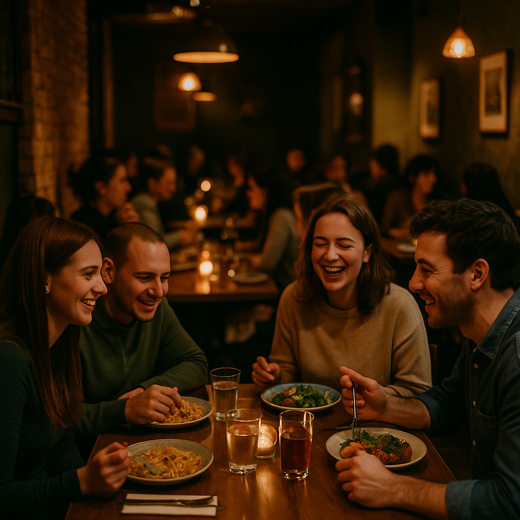 A group of four people looking for cheap places to eat in Brighton enjoy a meal in a dimly lit cosy restaurant as they laugh and smile