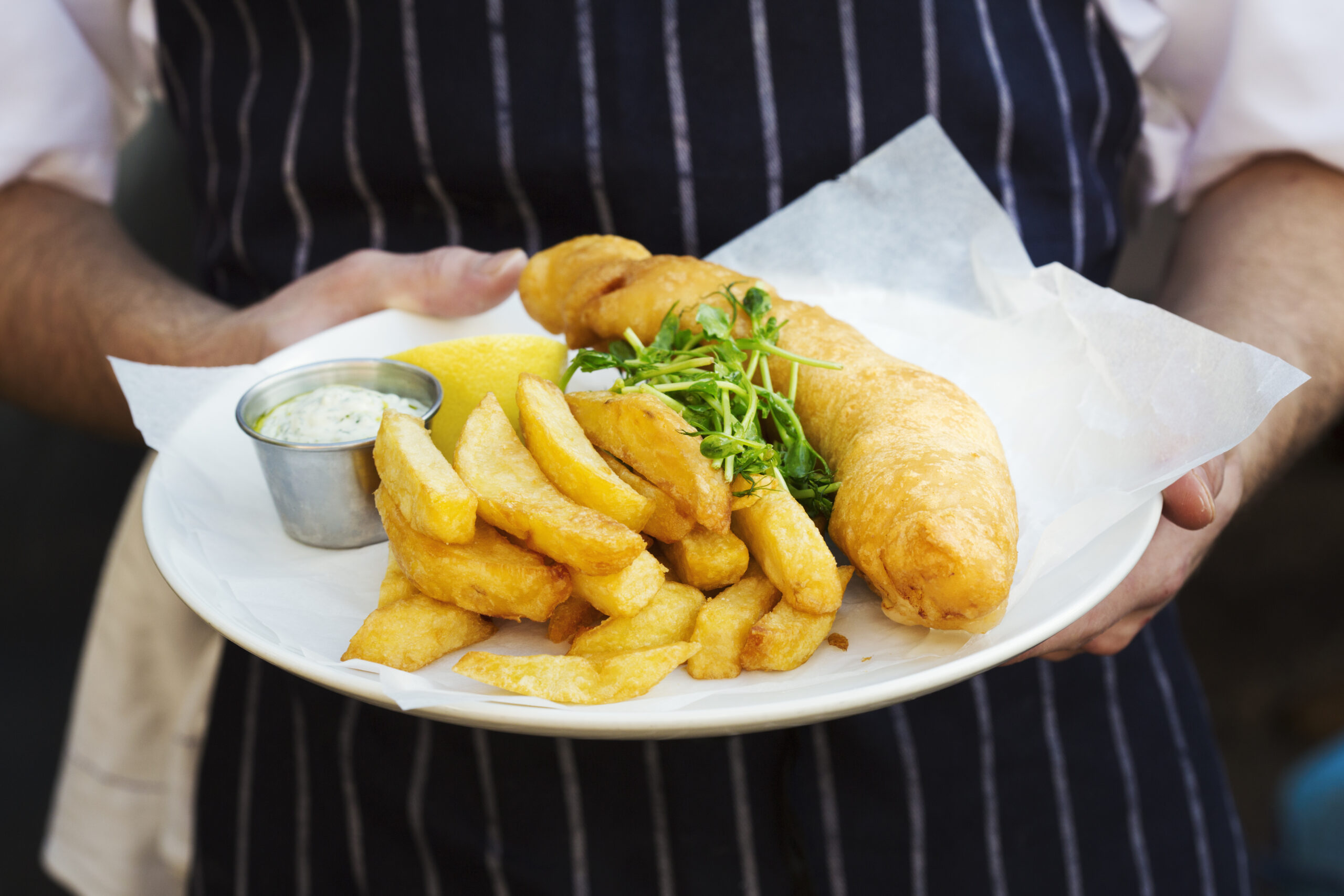A cooked meal, a dish of fish and chips in Brighton with garnish and tartare sauce. 