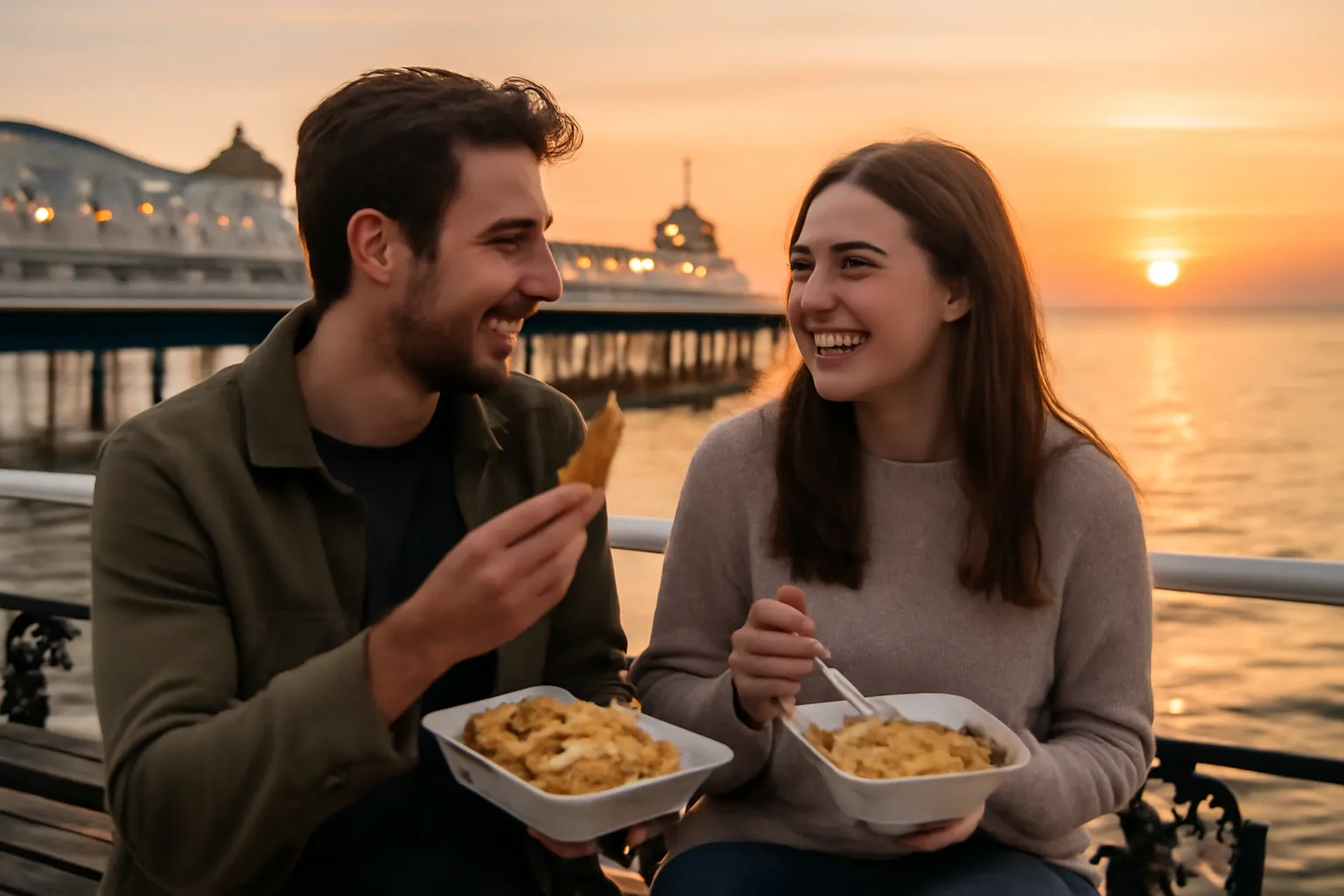 A romantic couple enjoy fish and chips by the Brighton Pier as they smile at each other in front of a warm sunset