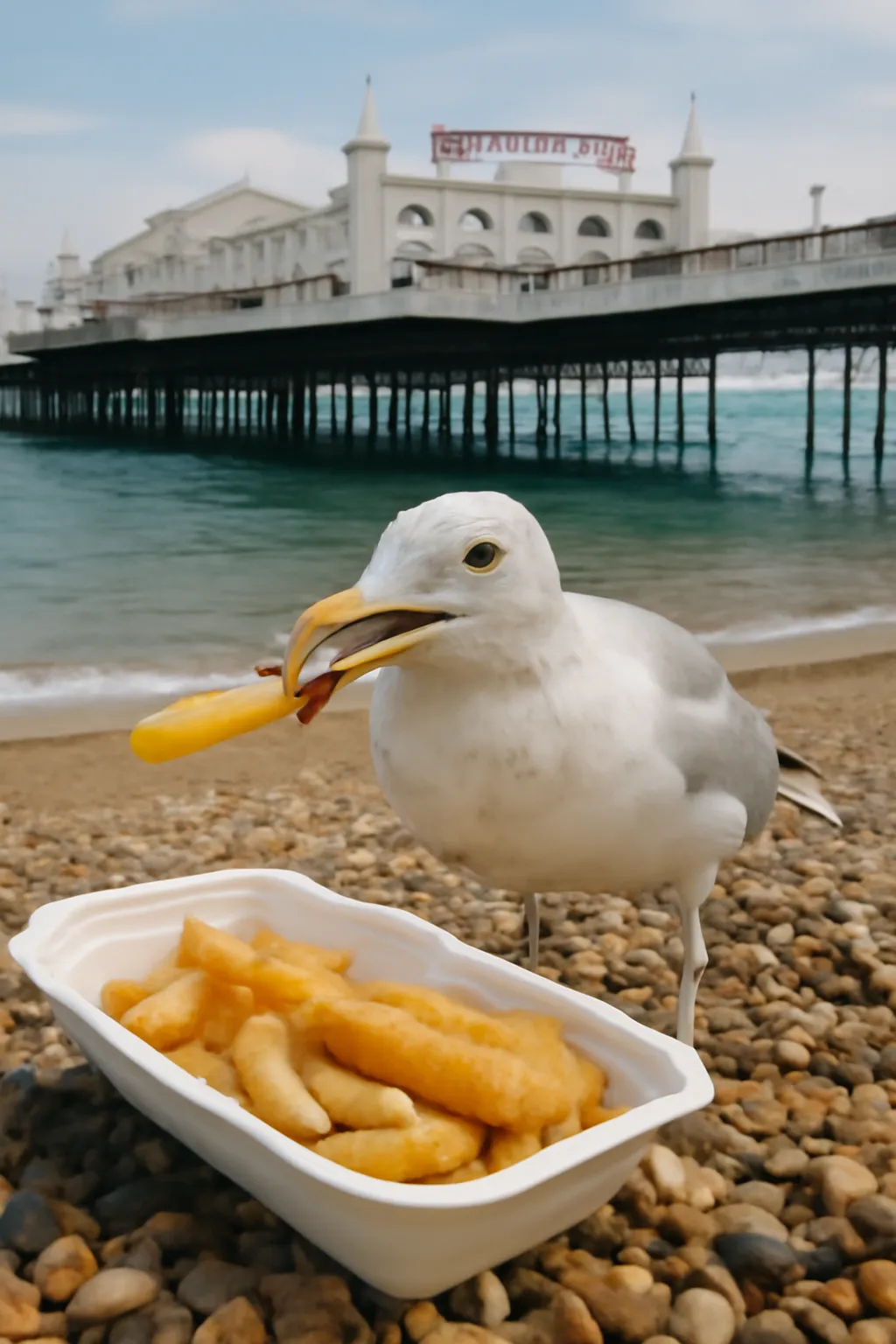 A naughty seagull steals chips on Brighton beach in front of the pier