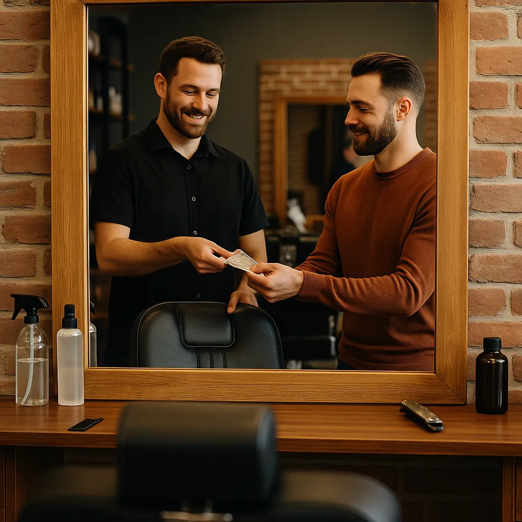 A happy customer hands his barber payment for his haircut in the mirror of the barbershop behind the chair