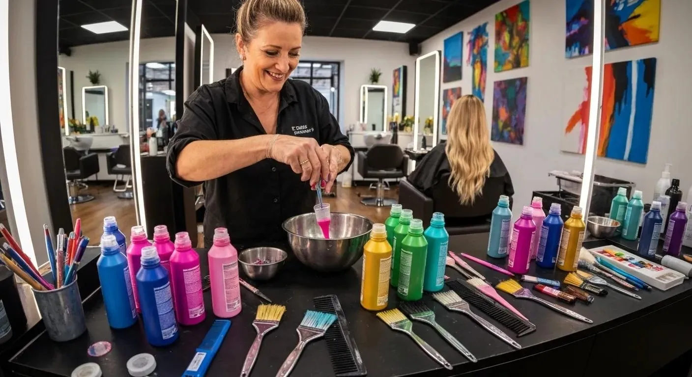 A hairdresser experimenting with colours