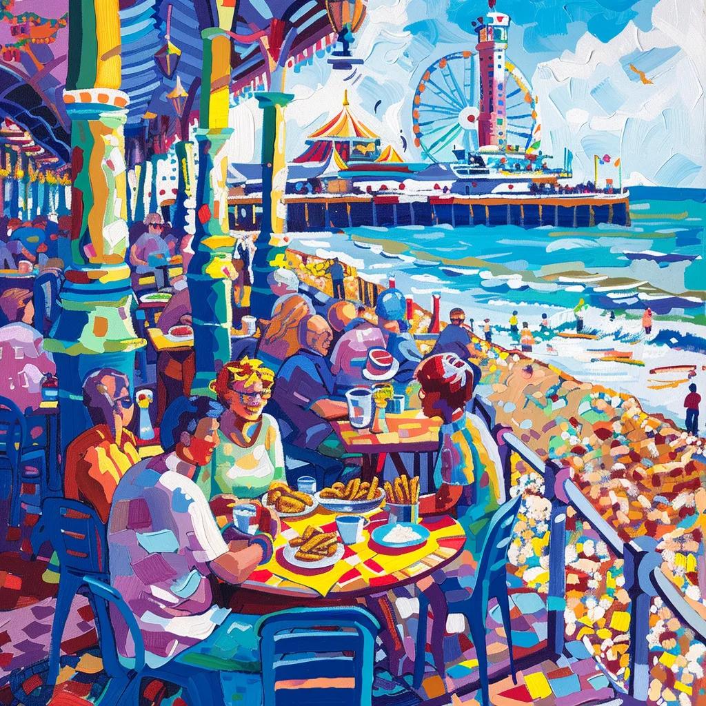 People enjoying fish and chips on Brighton Palace Pier with colorful attractions in the background