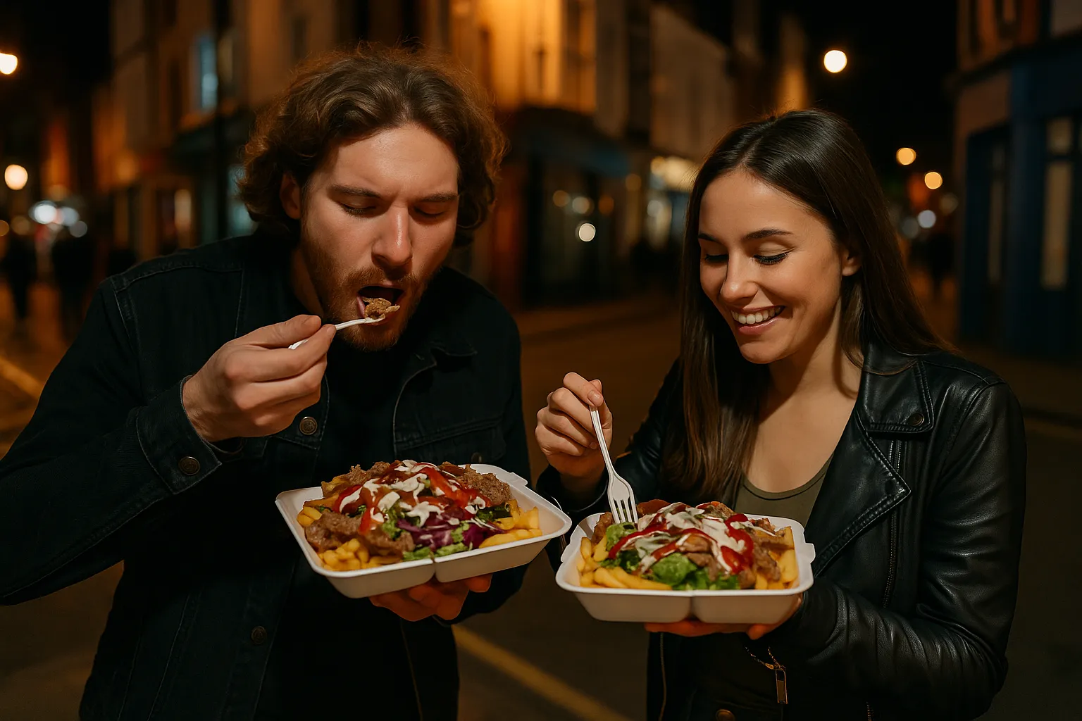 A man and woman enjoy a donner meat and chips with salad and sauce on a street corner at night. they are using a plastic fork with a cardboard box