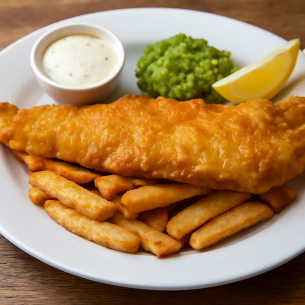 an example of the best fish and chips in Brighton, with mushy peas and tartar sauce