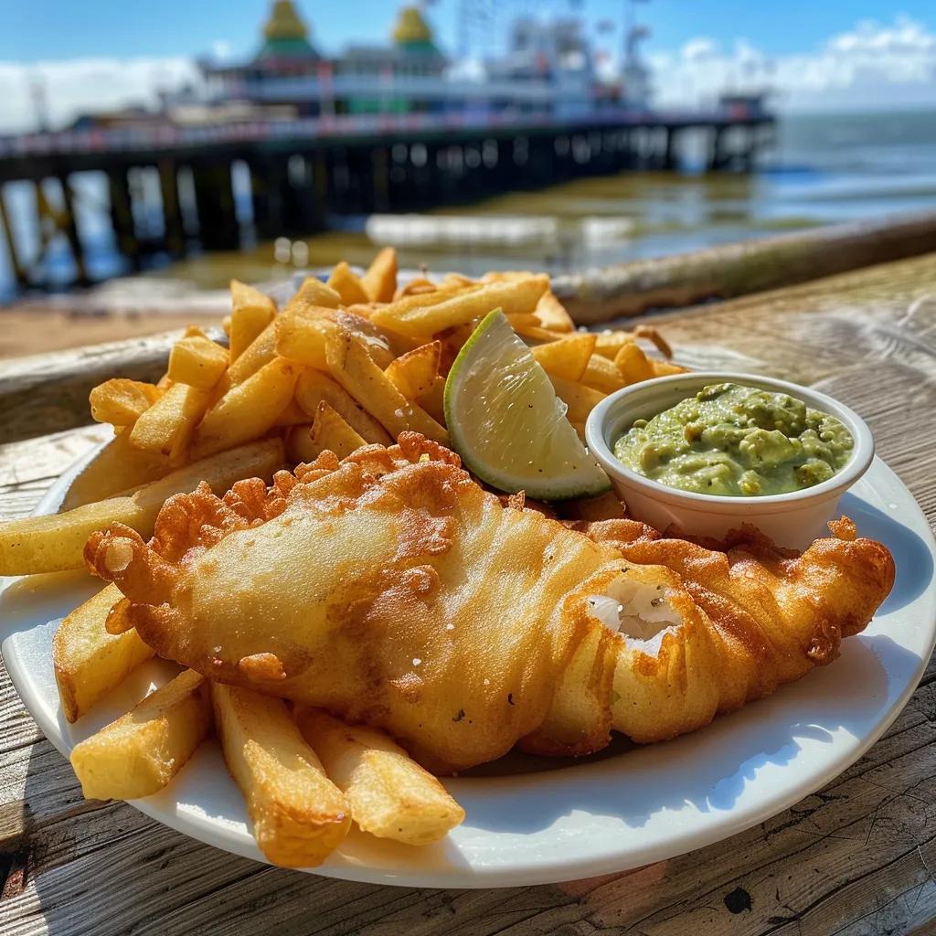 Delicious fish and chips served on a sunny Brighton beach with the pier in the background