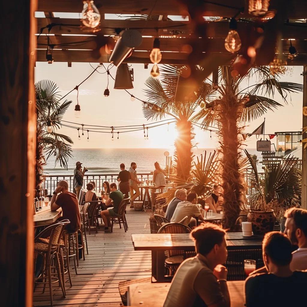 Beachfront bar in Brighton with patrons enjoying drinks and sunset views