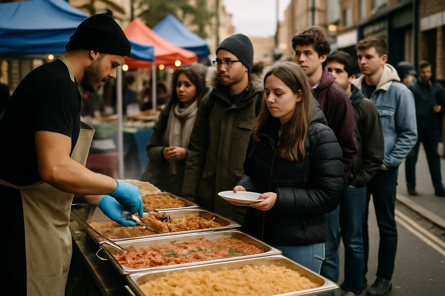 people queueing up for food at a food market on the street