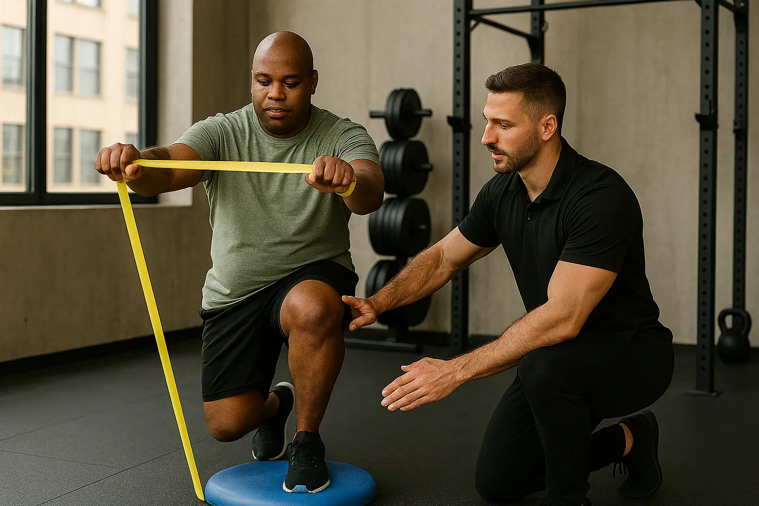 A peronal trainer helps their client with rehabilitation in the gym