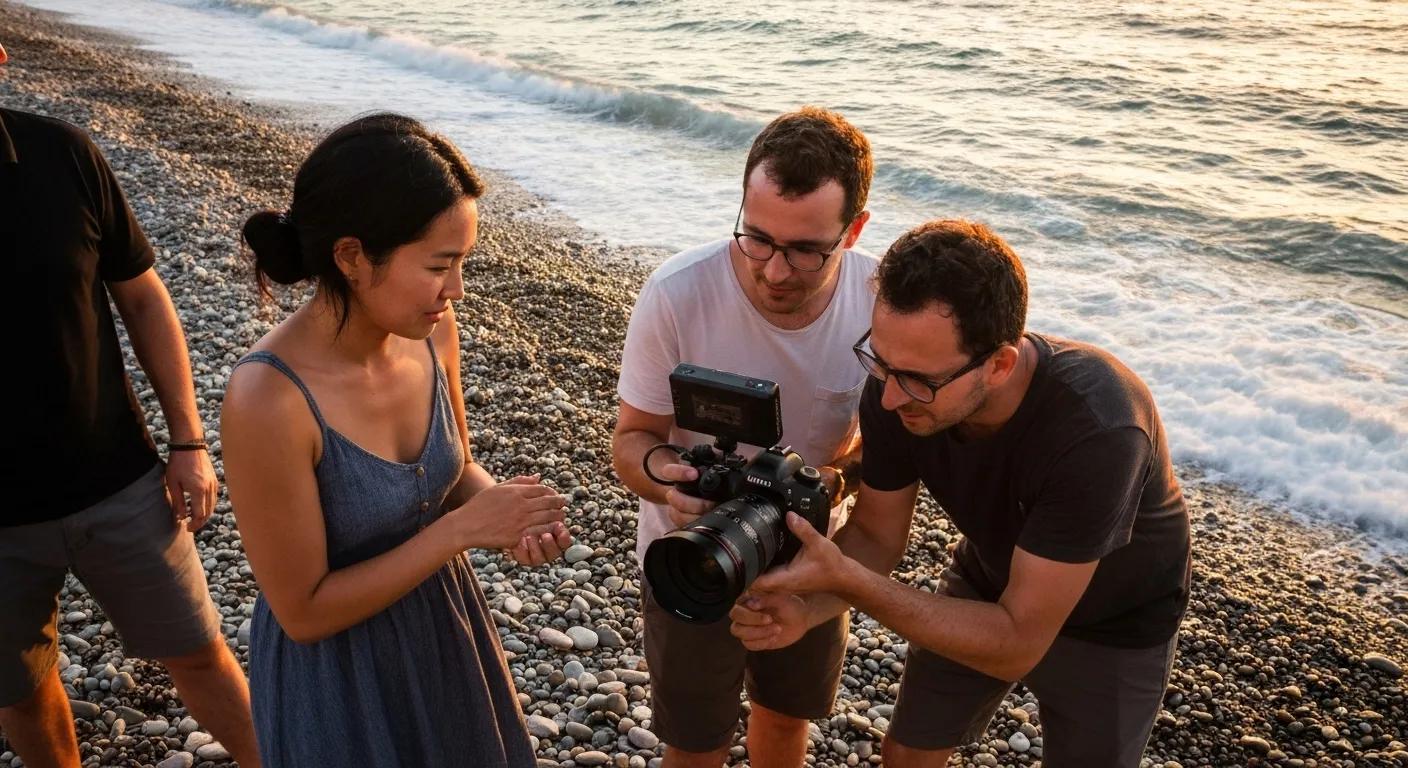 a group of people making films in Brighton on the beach