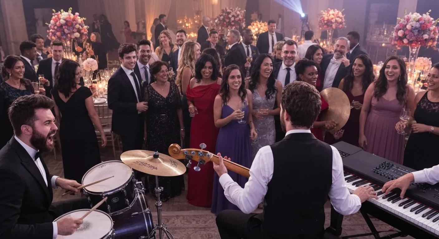 a wedding band playing music at a busy wedding