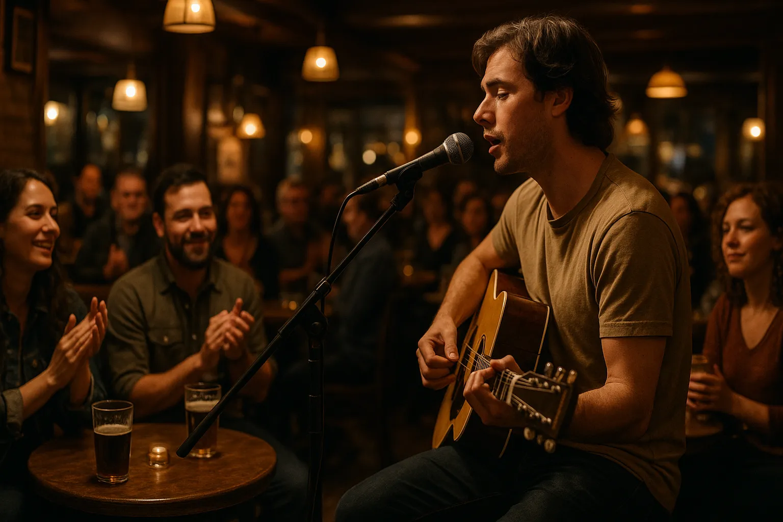 a man performs at an open mic night with his guitar in a busy and cosy pub