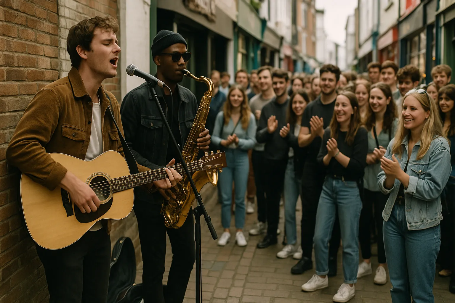 a guitarist and a saxophonist busk and perform live music in Brighton as a large crowd watches on and claps