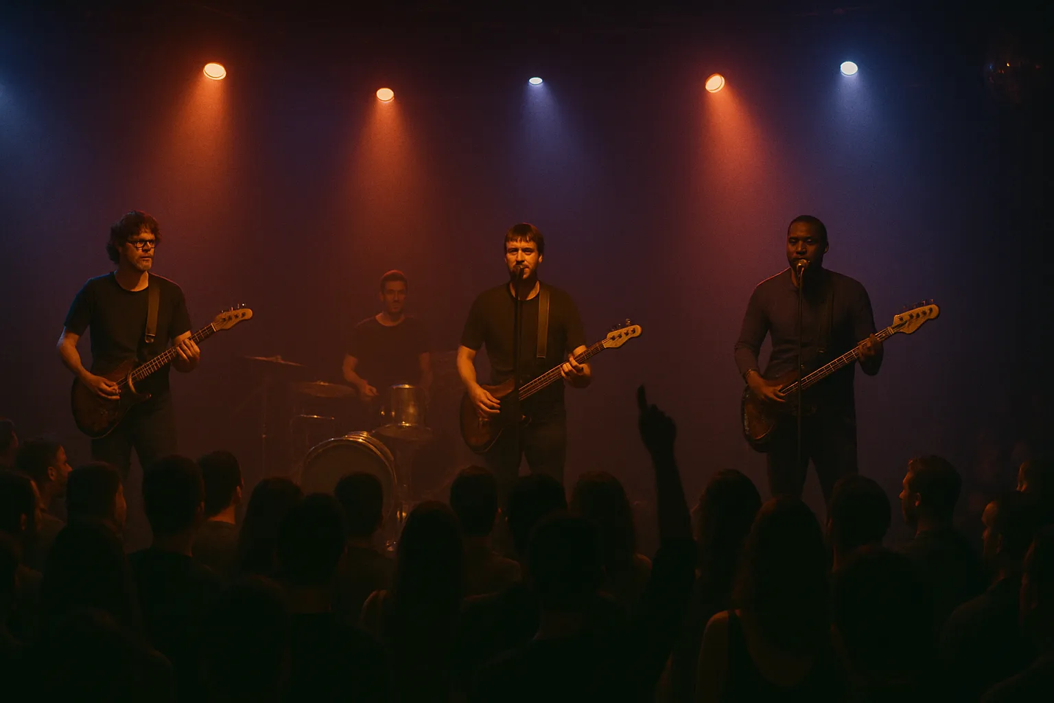 3 gutarists and a drummer perofrm on a stage of a busy nightclub as the crowd watch and dance