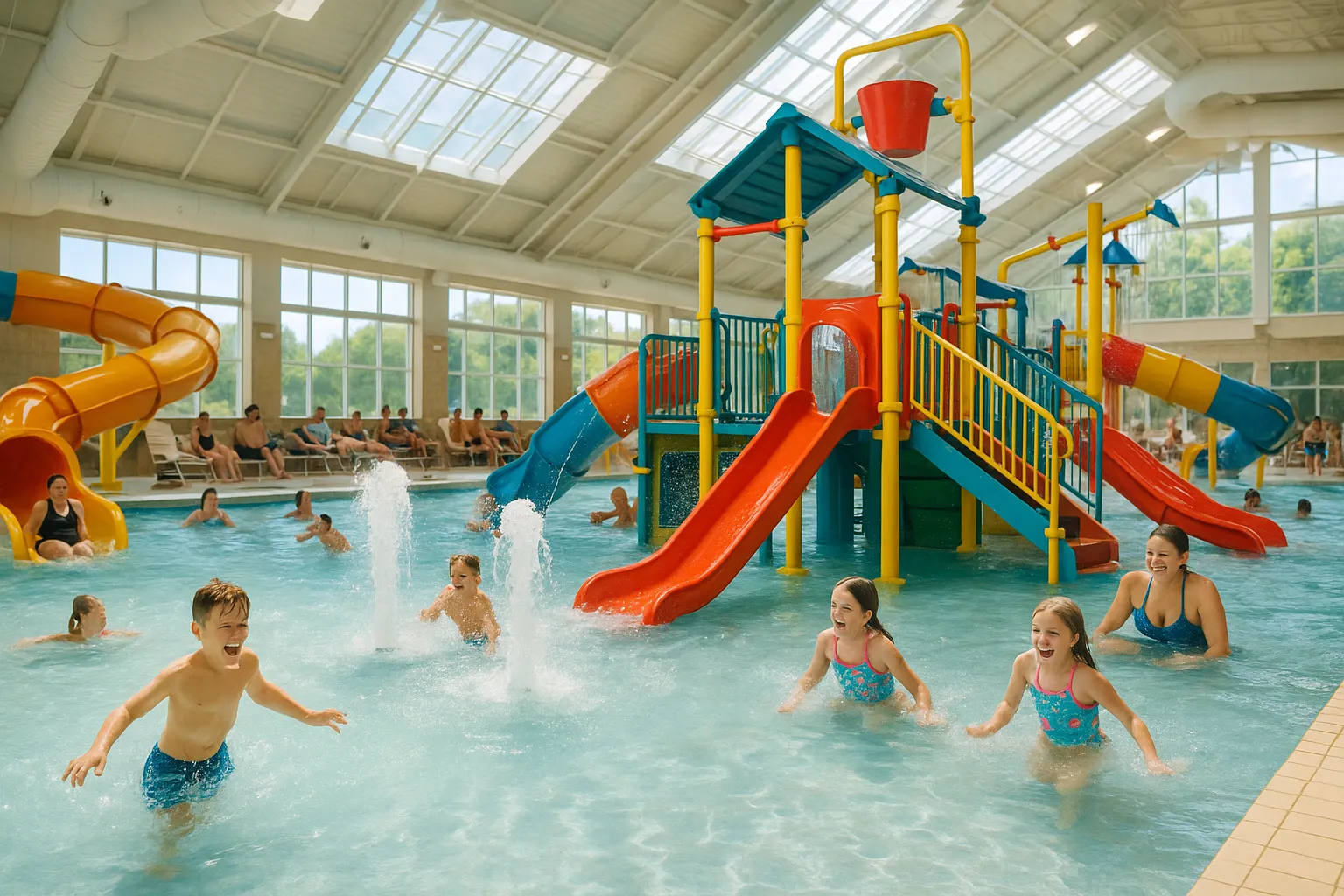 A swimming pool with slides and fountains with kids playing and having fun