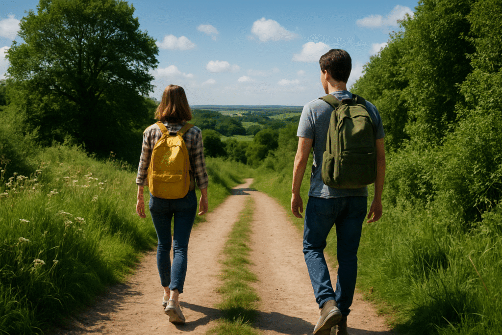 A man and a woman hike along a path with trees and bushes either side of them