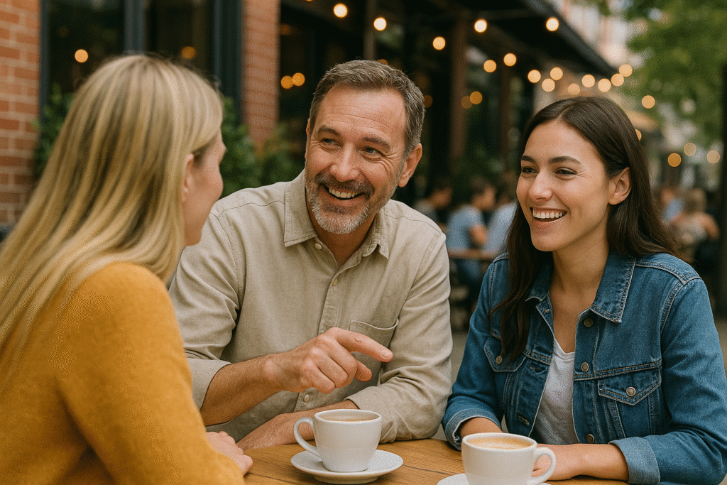 a man and two women smile and each enjoy a coffee at an outside table of a café
