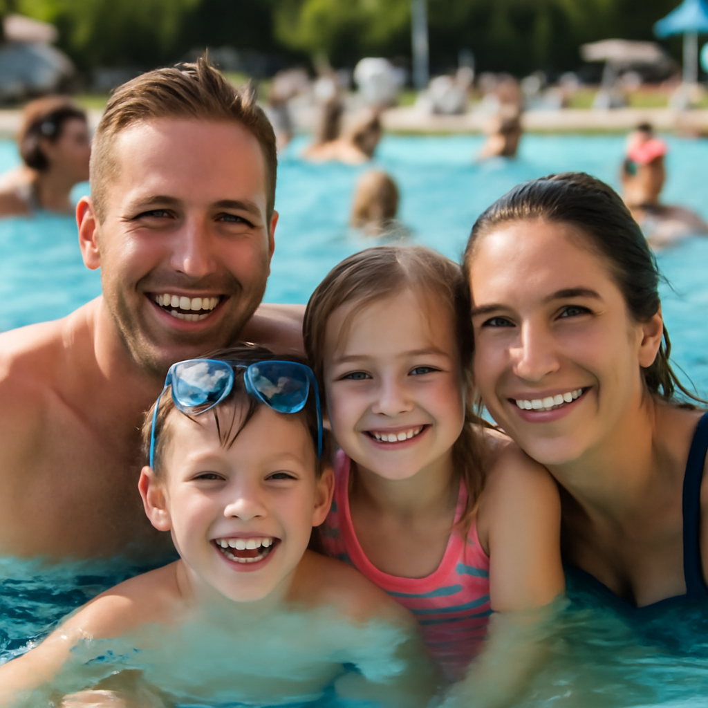 a family of four pose and smile in one of the swimming pools in Brighton