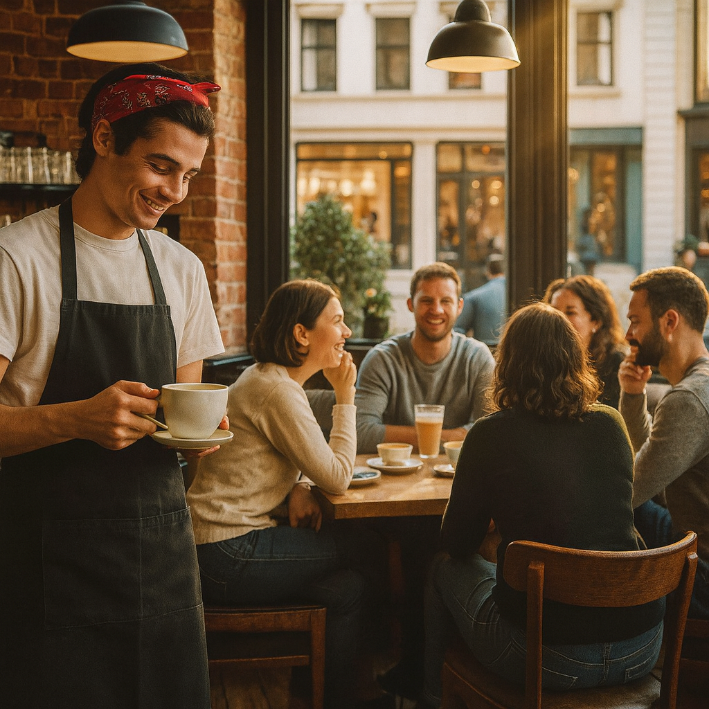 A group of people enjoy coffee at one of the best cafes in Brighton as a male barista stands to the side holding a coffee and grinning