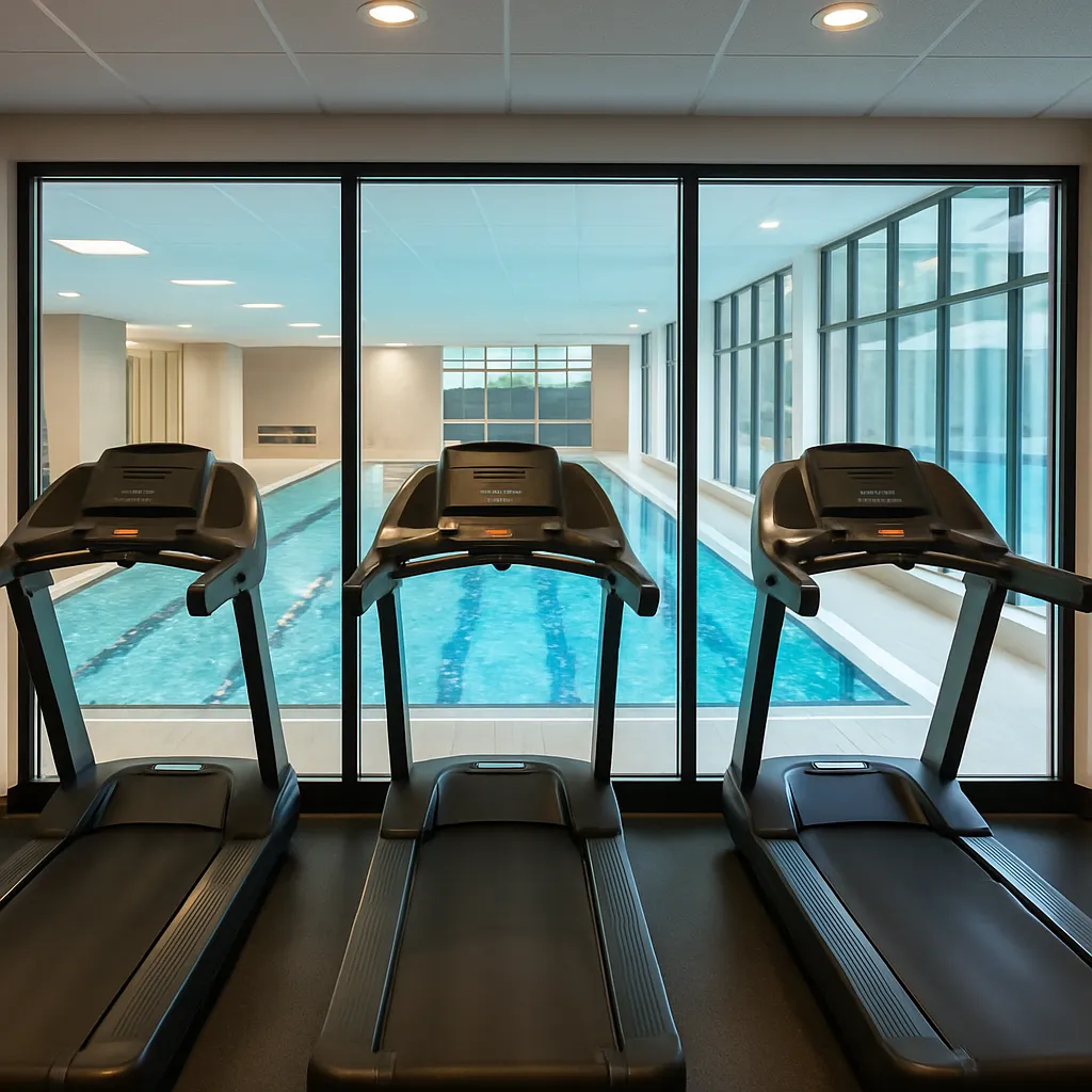 A gym with running machines onlooking an indoor pool