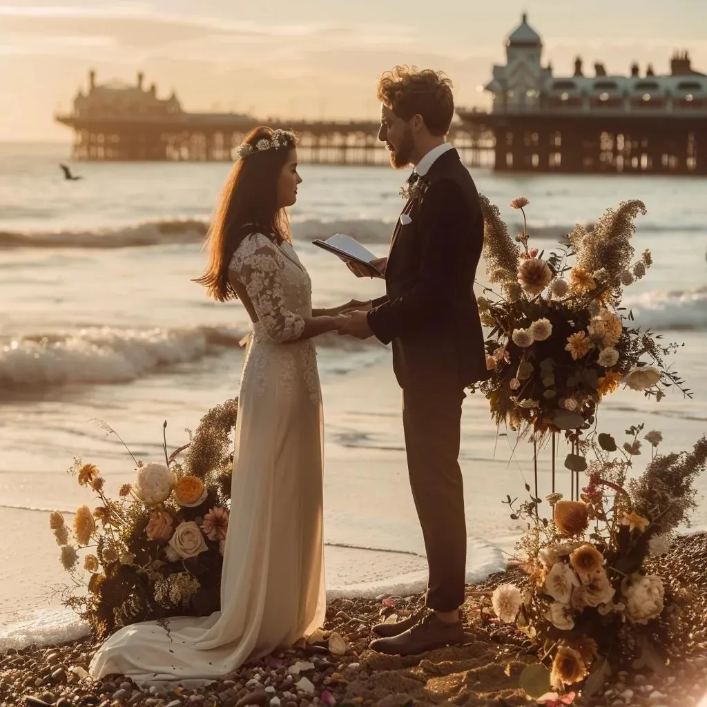 Weddings in Brighton- a heterosexual couple get married at sunset on Brighton beach. they hold hands with the pier in the background