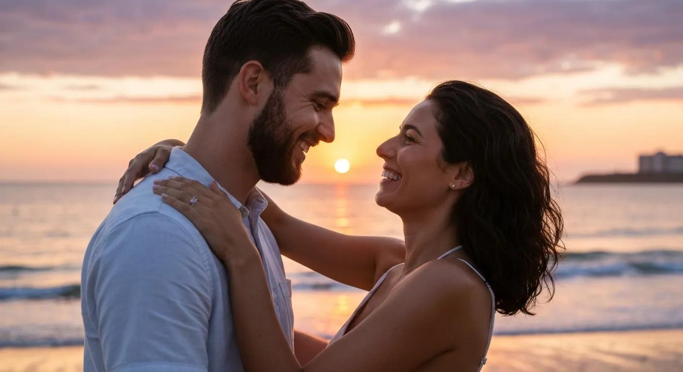 romantic couple on Brighton beach at sunset