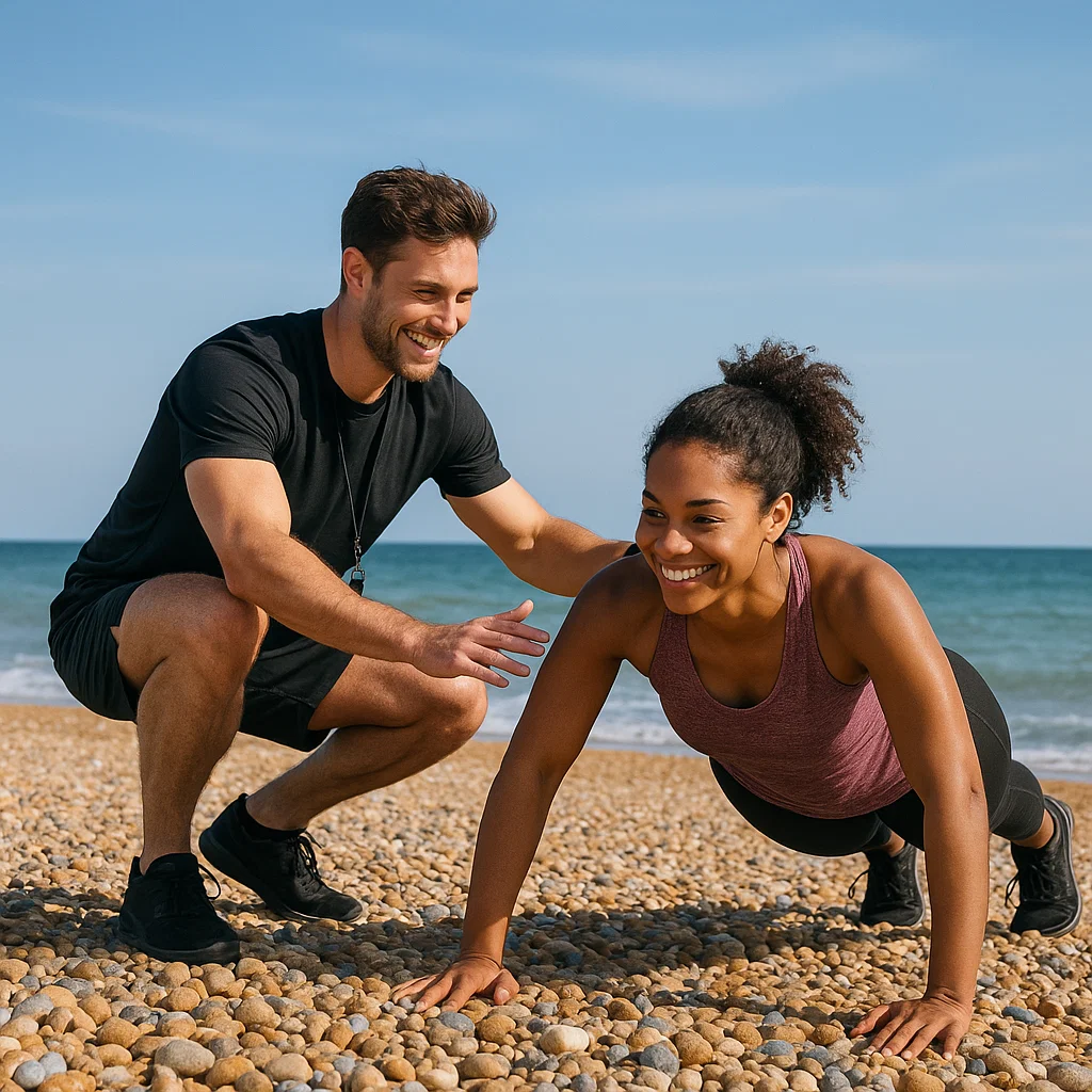 Personal trainer coaching a client on Brighton Beach, emphasizing fitness and local scenery