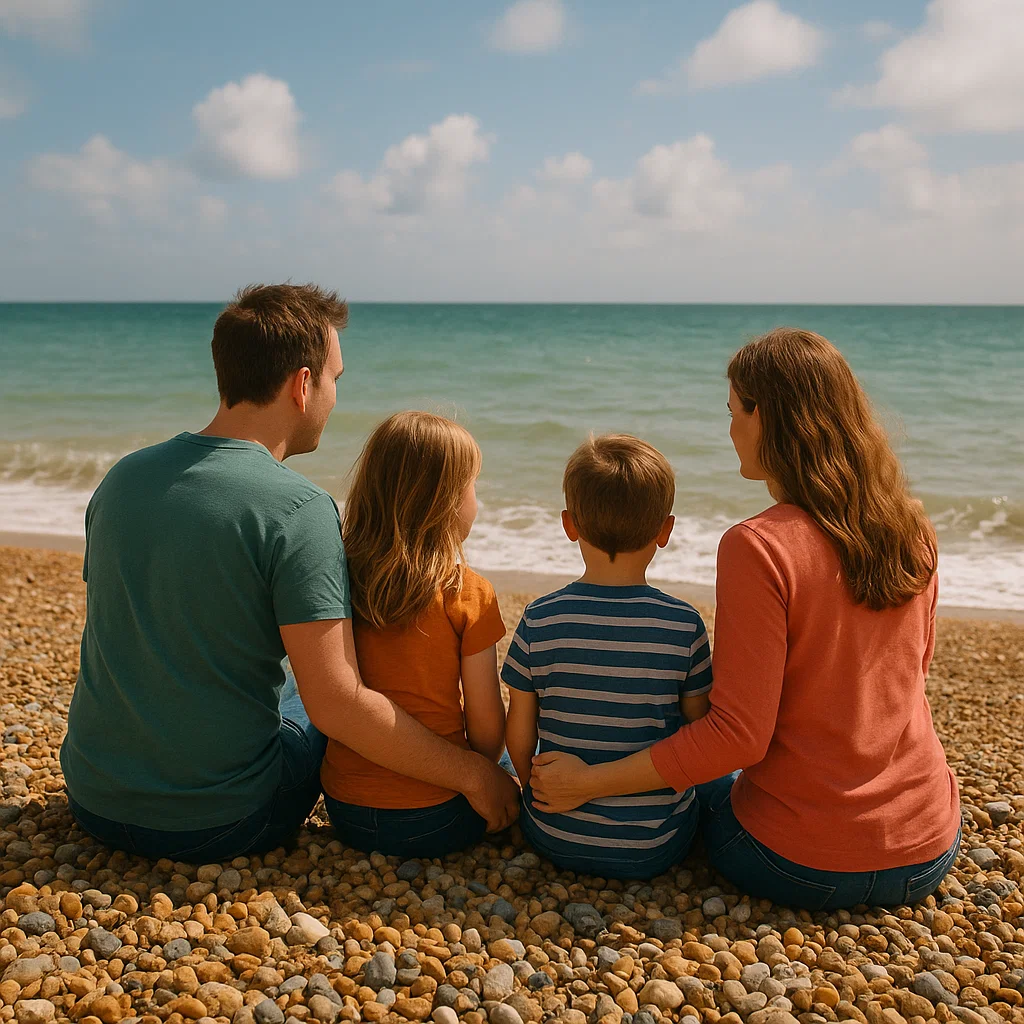 A family take advantage of one of the best free things to do in Brighton and pose on the beach whilst looking out to the ocean as they embrace