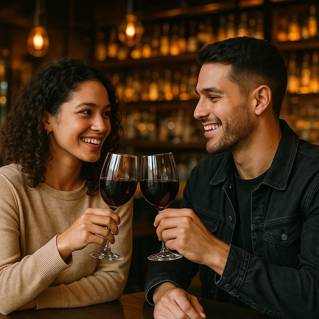 a young couple dating in Brighton toast a glass of red wine with each other
