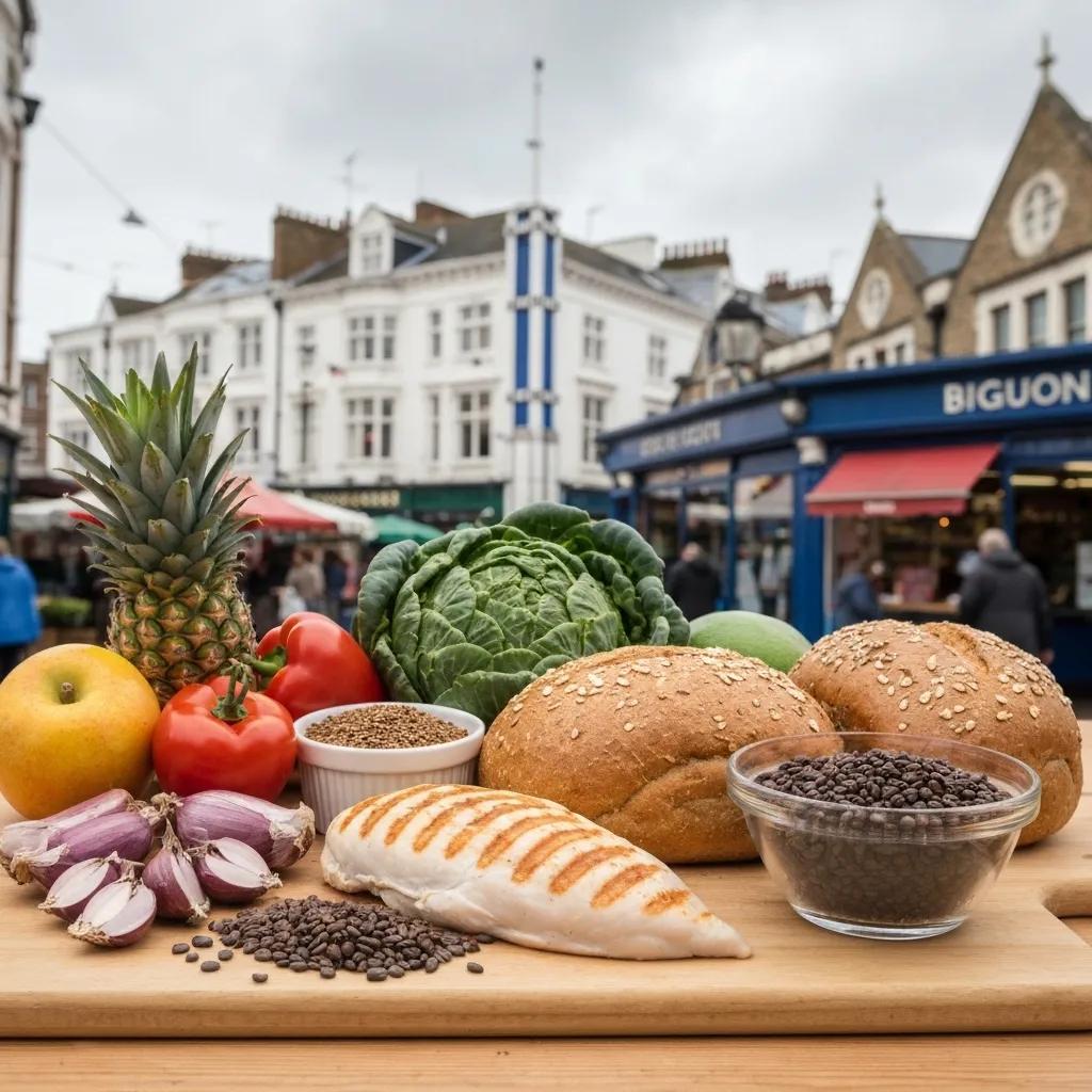 A vibrant display of healthy foods, representing nutritional guidance for fitness, sourced from Brighton's local market