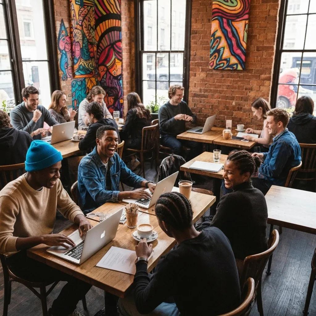 A diverse group of students laughing and chatting at a Brighton cafe