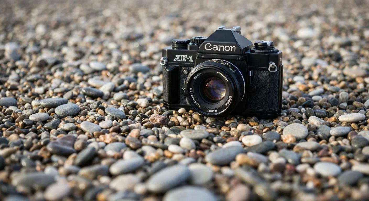 close up of a film camera resting on a pebbled beach