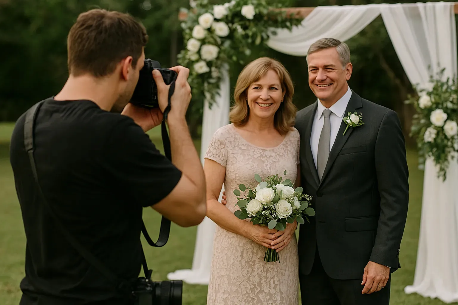 A wedding photographer takes a photo of the bride's parents